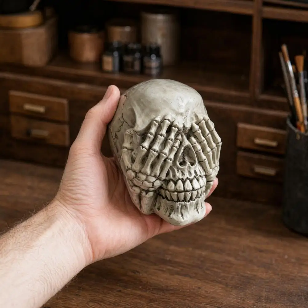 Halloween Skull Figurine, Hear See Speak No Evil Skeleton Head Statue, Gothic Resin Home Decor for Desk, Bookshelf, Mantel,