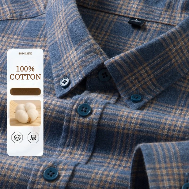 

100% Pure Cotton Men's Shirt , Skin-friendly, Brushed, Moisture-absorbing and Breathable Warm Plaid Long-sleeve Shirt