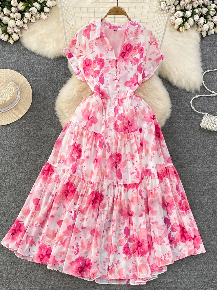 

Летнее платье А-силуэта с цветочным принтом, винтажное, с отложным воротником, приталенное, с завышенной талией, в корейском стиле, для повседневной носки