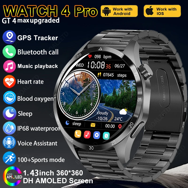 2024 New GPS Smart Watch 4 Max Men Fitness Watch AMOLED Always Display HD Screen NFC BT Call Smartwatch Mens IP68 Waterproof