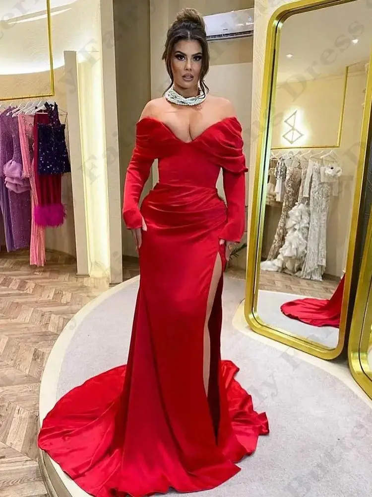 Sexy Backless Evening Dresses Fashion Beautiful Satin Vintage Off Shoulder Long Sleeved High Slit Mopping Party New Prom Gowns