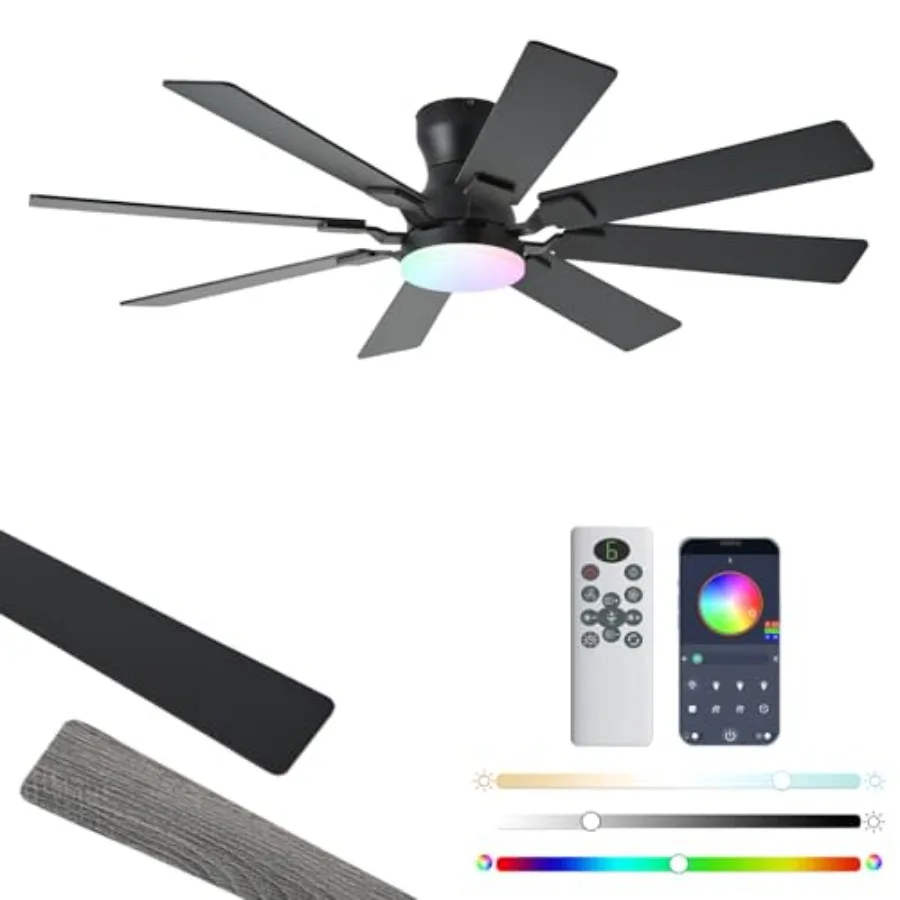 

52 inch Ceiling Fan with Light 6 Speeds Reversible Low Profile Ceiling Fan with Light and Remote/APP Control 3 Color Temp+Dimma