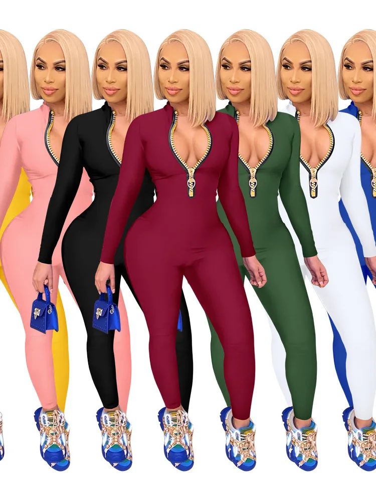 

Color Zipper Long Sve Jumpsuit Street Sle High Waist Pants Polyester Fiber Winter Collection Straight Leg Jumpsuit