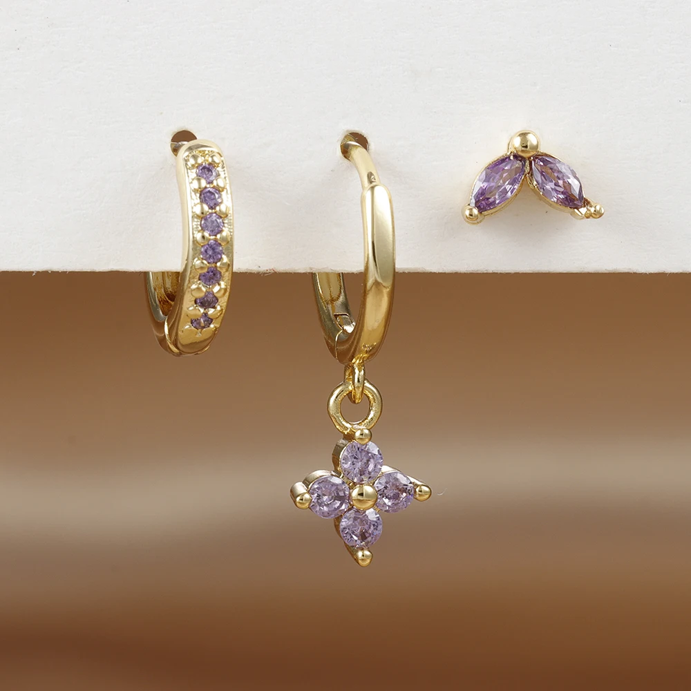 3PCS Flower Pendant Hoop Earrings Set For Women Vintage Stainless Steel Cubic Zirconia Cartilage Piercing Earring Trend Jewelry