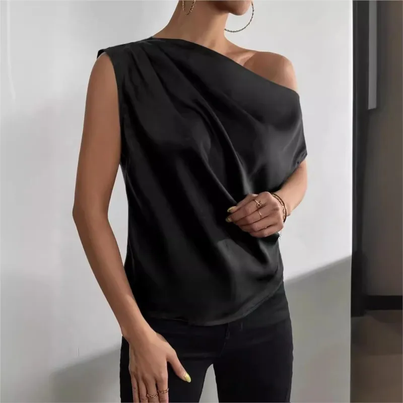 Sexy Boho Blouses 2024 Women\'s Summer New Fashion Skew Collar Pinch One Shoulder Vest Women Shirts Pullover Top Black Clothing