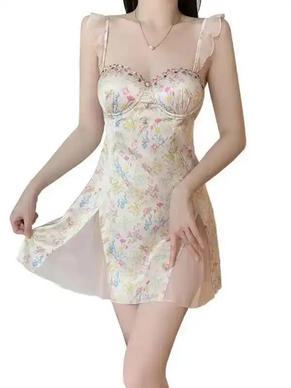Sweet Hot Backless Sexy Padded Ice Silk Nightdress Dress Elegant Sweet Tank Mini Dress 2025 New Tops Korean Women 8B4B