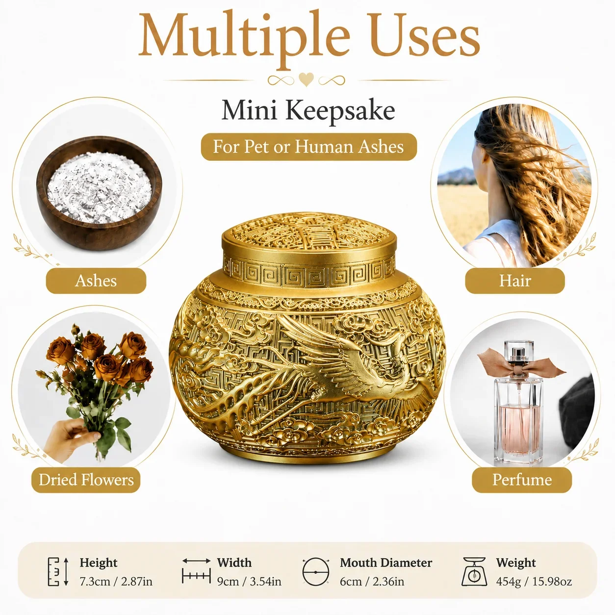 L46 uxury Dragon Phoenix Pet Urn for Ashes Gold Metal Cremation Keepsake Memorial Jar for Dogs Cats Tribute Decoration