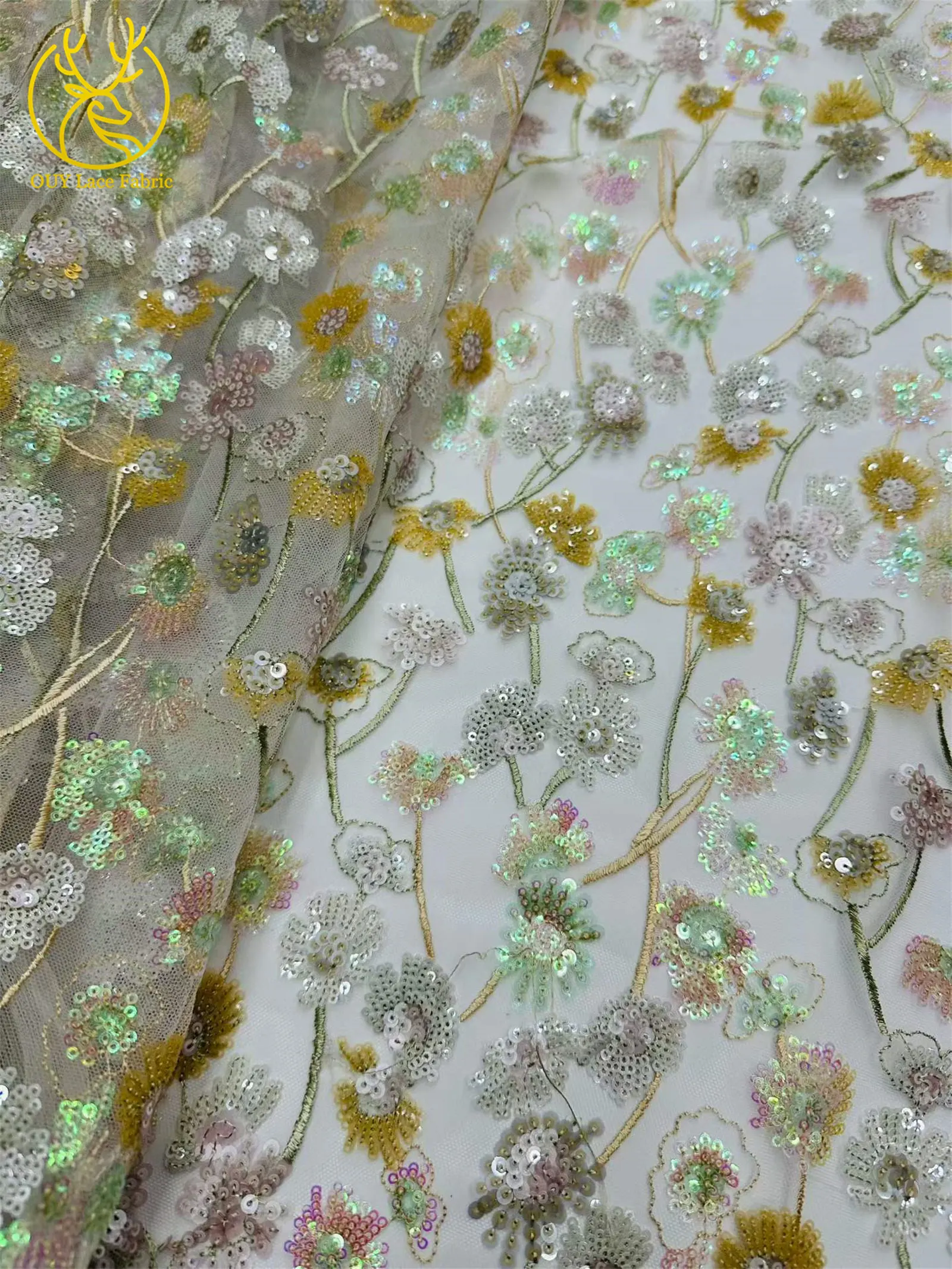 Luxuriöser afrikanischer Pailletten-Spitzenstoff, 5 Yards, hochwertige französische nigerianische Stickerei-Tüllspitze für Hochzeitsfeier, Brautkleid – Detail 20