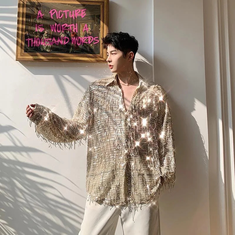 Squined Tassel Bling Bling Tops Boy Male Men Sexy Charming Blouse Handsome Party Club Korean Fashion Shirts Date Romantic Cloth