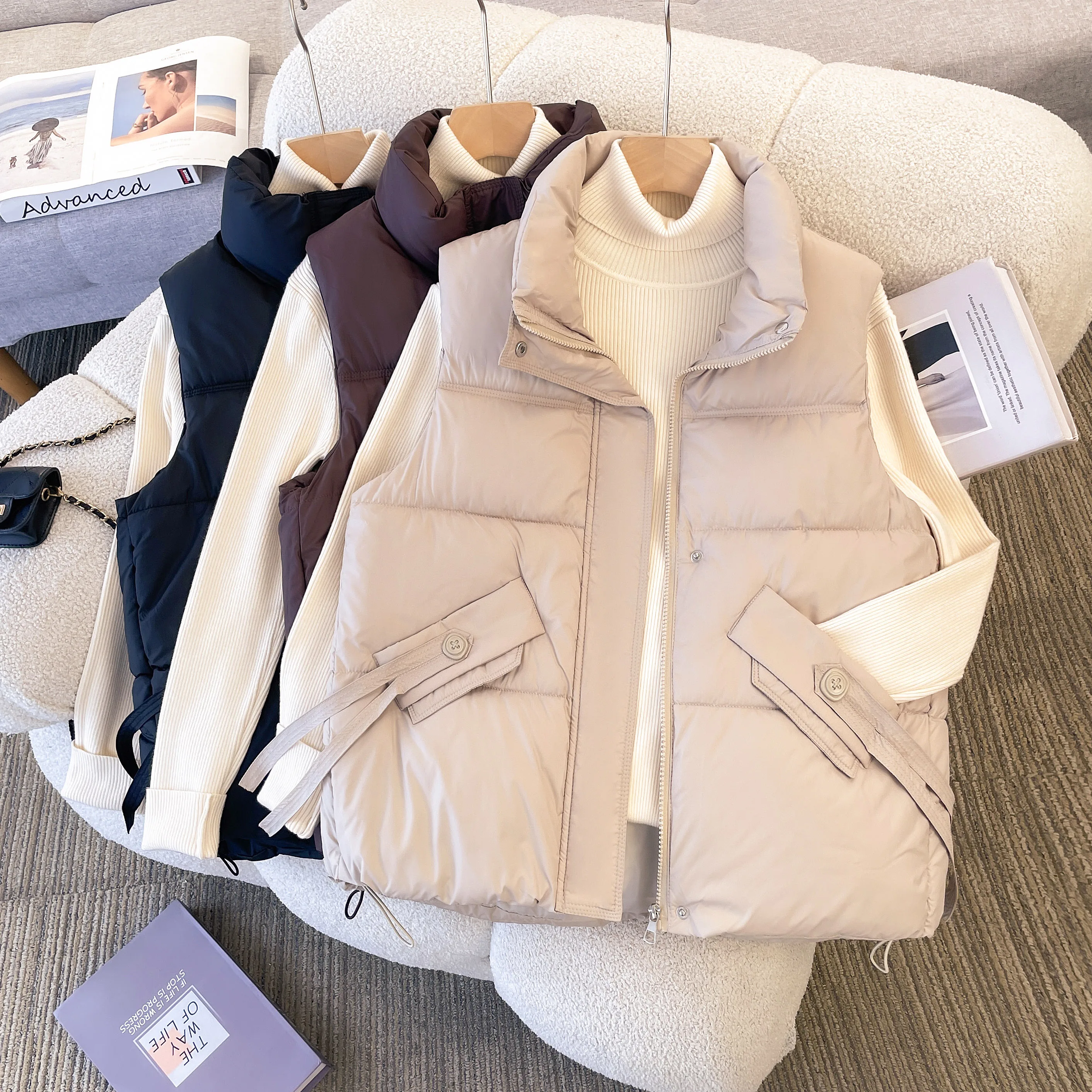 

Solid Color Stand Up Collar Down Cotton Coat Fashion Casual Cotton Coat Warm Short Jacket 2025 Autumn Winter Women's Clothing