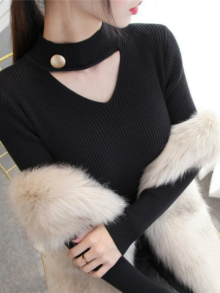 

Весенне-осенний женский вязаный свитер с длинным рукавом, ажурный пуловер с V-образным вырезом, облегающий базовый топ, удобная внутренняя одежда