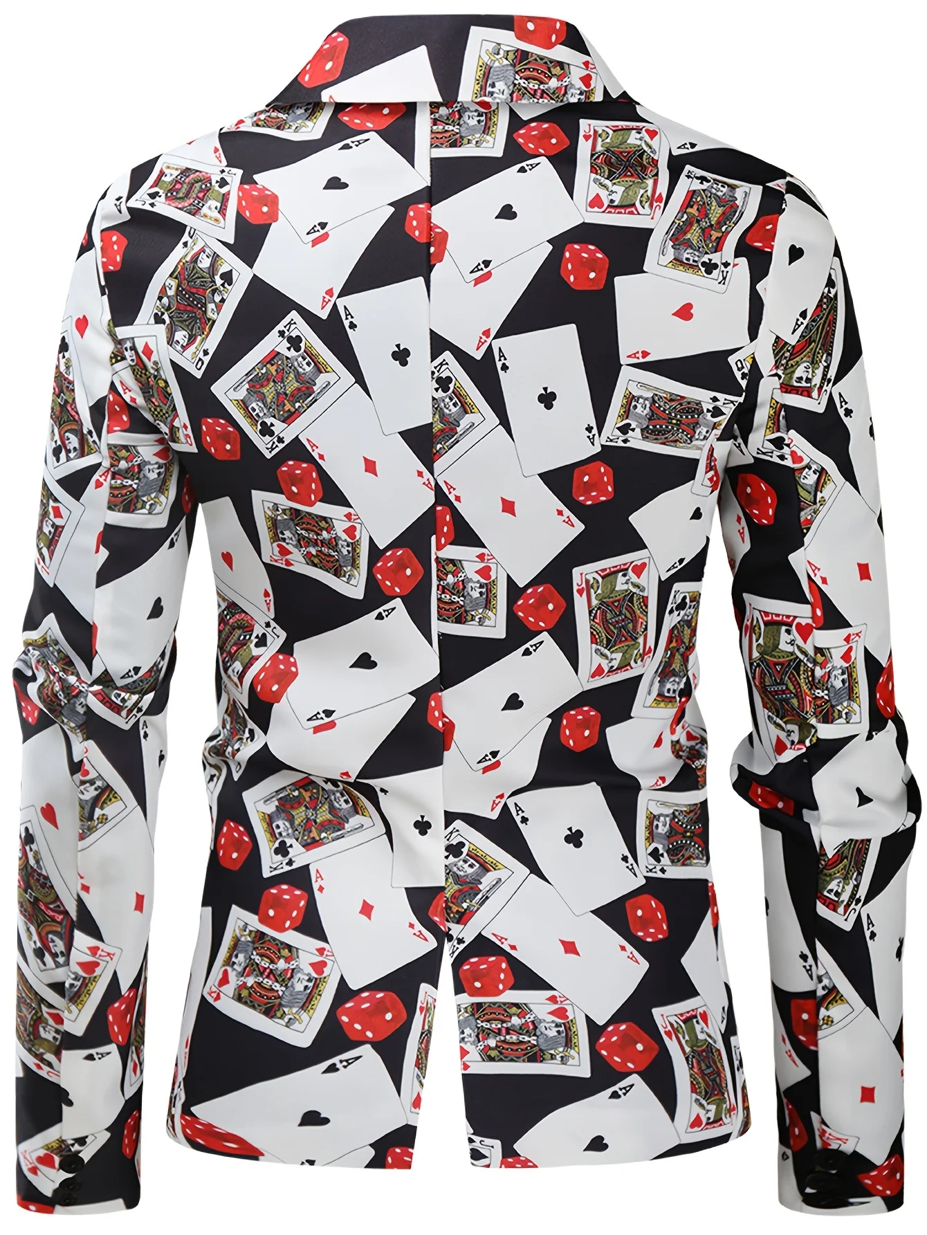 Men Notched Lapel Blazer Casino Poker Card Dice Graphic Polyester Single‑Button Outerwear Top