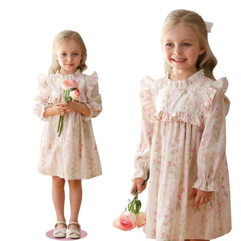 2024 Autumn Girls French Flower Fungus Ruffled Stand-up Collar Long-Sleeved Cotton Dress