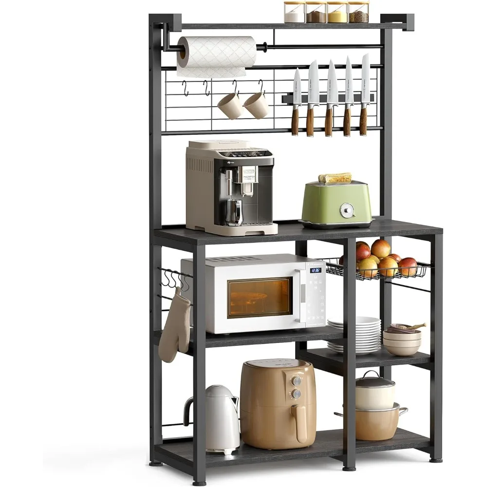 

Bakers Rack with Magnetic Knife Holder, Paper Holder, Wire Basket, 8 Hooks, Organizers and Storage, Baker's Rack