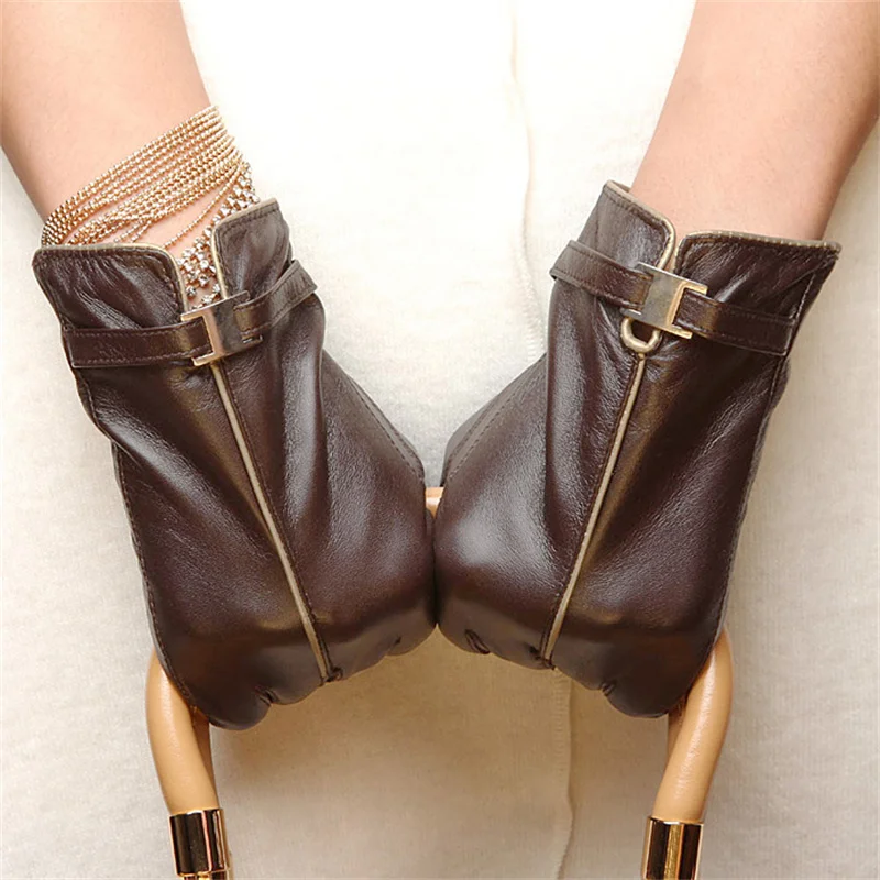 أزياء النساء قفازات جلدية الخريف الشتاء الحرارية المخملية المعصم مشبك معدني السيدات الحقيقي قفازات من جلد الغنم الحقيقي الإناث L050PC