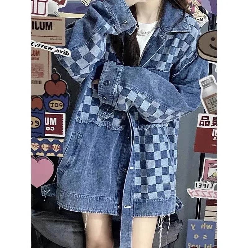 Ladies New Spring  Autumn Checkerboard Stitching Cardigan Denim Jacket Women's 2024 Retro Fashion Loose Jacket Comfortable Top