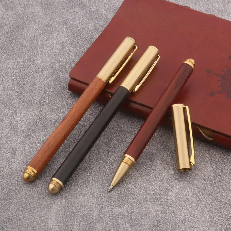 High Quality Brass Roller Ball Pen Ebony Wood Spin Stationery Office School Supplies Signature Ink Pens New