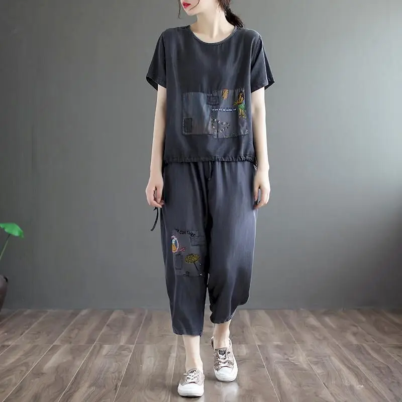 Silk Denim T Shirt Sets Women 2024 Summer Trend Suits Fashion Vintage Printed Short Sleeve T-shirt and Cropped Pants 2 Piece Set