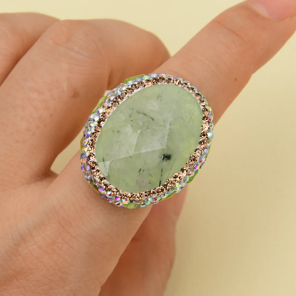 G-G Natural Faceted Oval Green Prehnite Quartz Crystal CZ Paved Resizable Rings Gift For Women