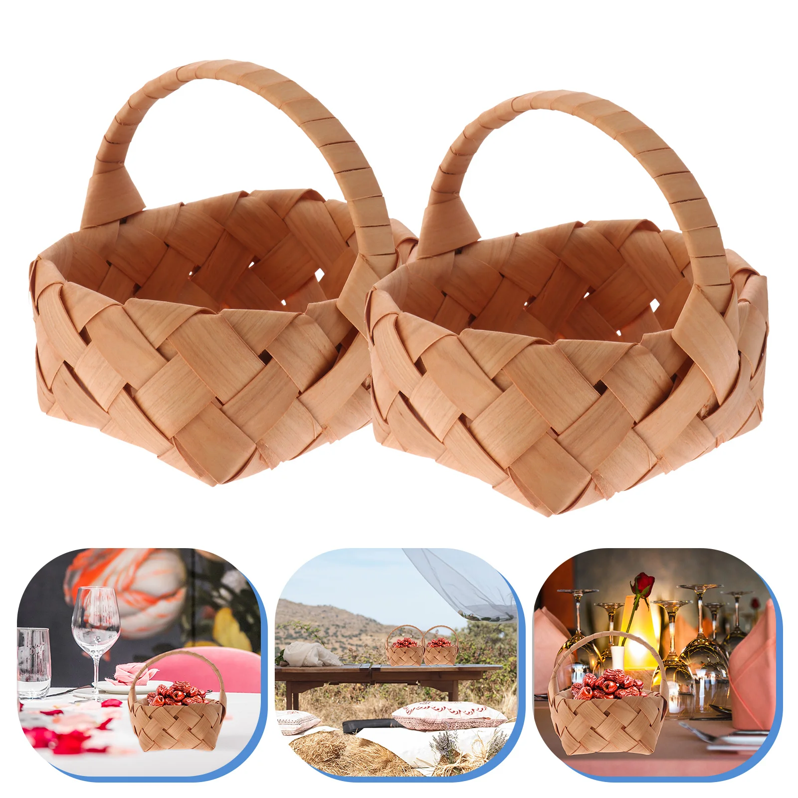 2 Pcs Wedding Basket Weaving Storage Woven Gift Container Picnic Hand-woven Sundries Handheld Wooden Baskets