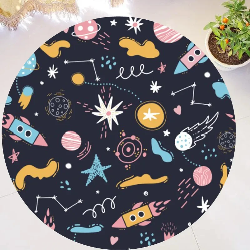 Colorful Cartoon Planet Round Area Rug Solar System Universe Circle Carpet for Living Room Kids Bedroom Decor Non-slip Floor Mat