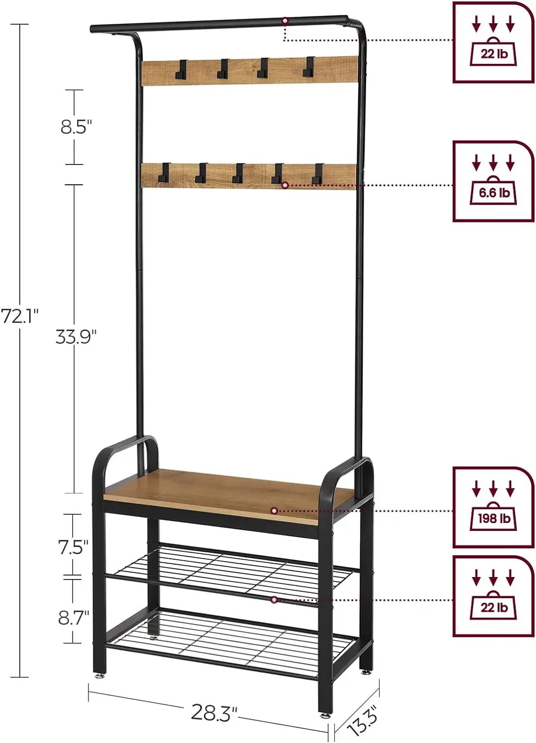 Entryway,hall tree,4 in 1,取り外し可能なフック付きコートラック,ハンギングロッド,4-in-1