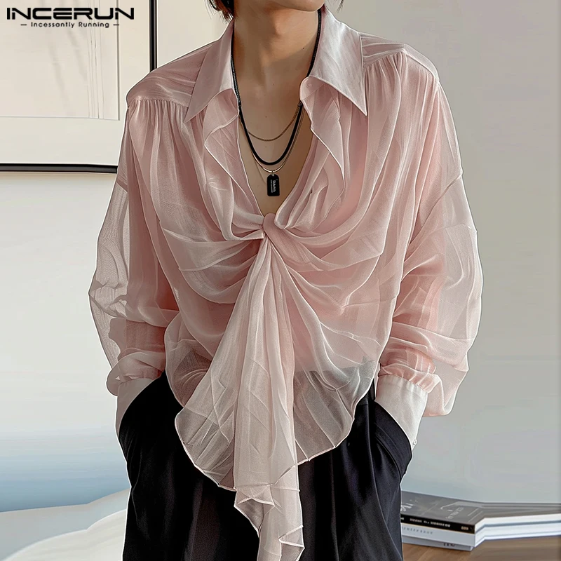 2024 INCERUN Sexy Men Long Sleeve Shirts Casual Chiffon Perspective Tops Korean Style Fashion Simle Elegant Vintage Streetwear