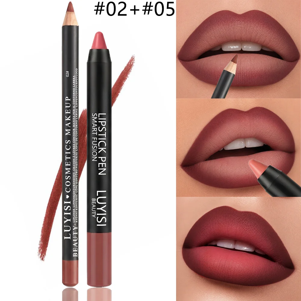 2pcs/set Lip Makeup Set: 1 Matte Lip Liner + 1 Soft Matte Lipstick Pencil. A perfect match, long-lasting, matte, and waterproof,