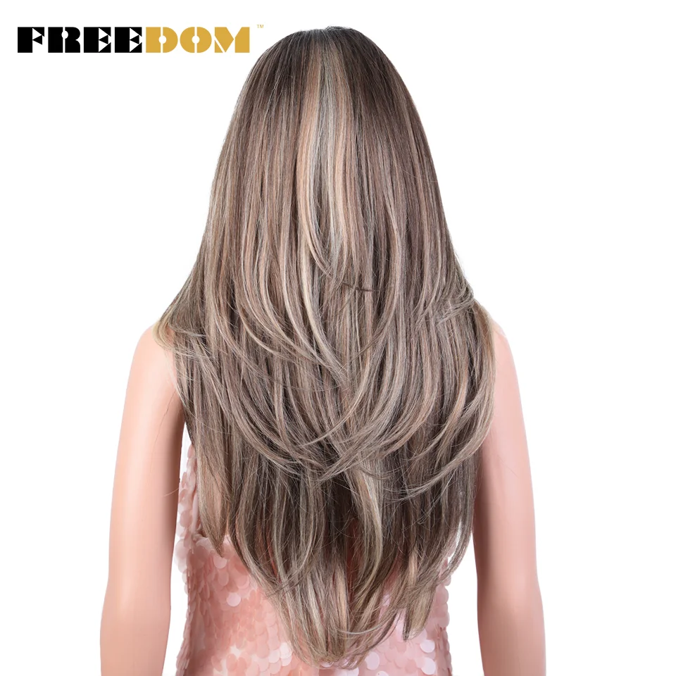 FREEDOM Synthetic Lace Front Wigs For Women 26 Inch Long Straight Lace Wig With Bangs Ombre Orange Blonde Wigs Cosplay Wigs