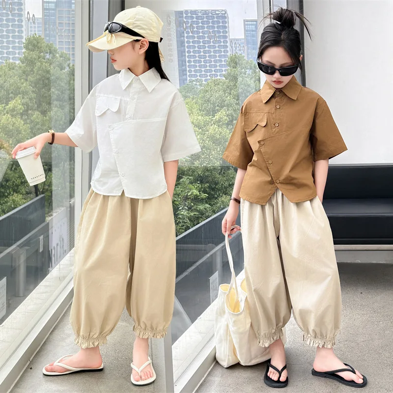 Girls Suits Summer New Korean Version Children Solid Loose Summer Dress Fashion Nine-minute Pants Casual Shirt Two-piece Set