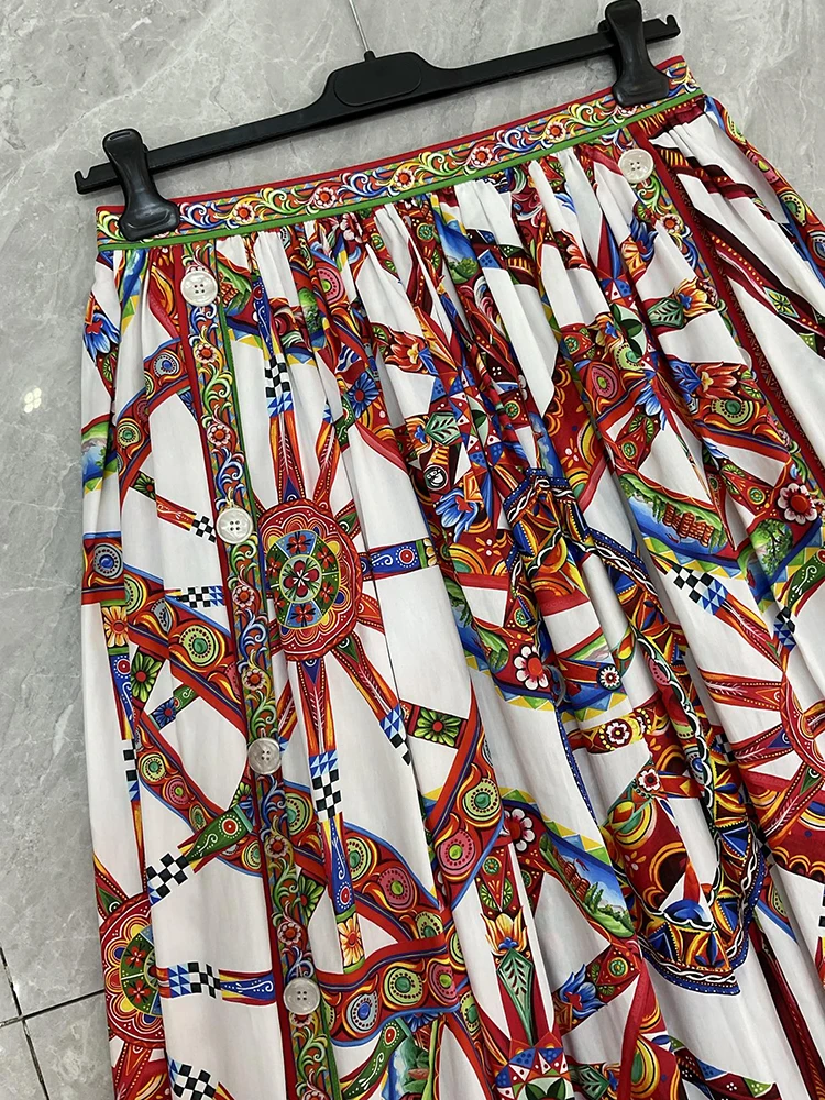 Seifrmann Casual printed cotton skirt slit on both sides button long skirt 2026 autumn fashion women's new style