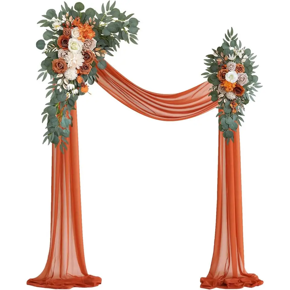 

Orange Artificial Wedding Arch Kit (3-Pack) with 26ft Terracotta Shiny Fabric for DIY Wedding Ceremony Backdrop and Floral Decor