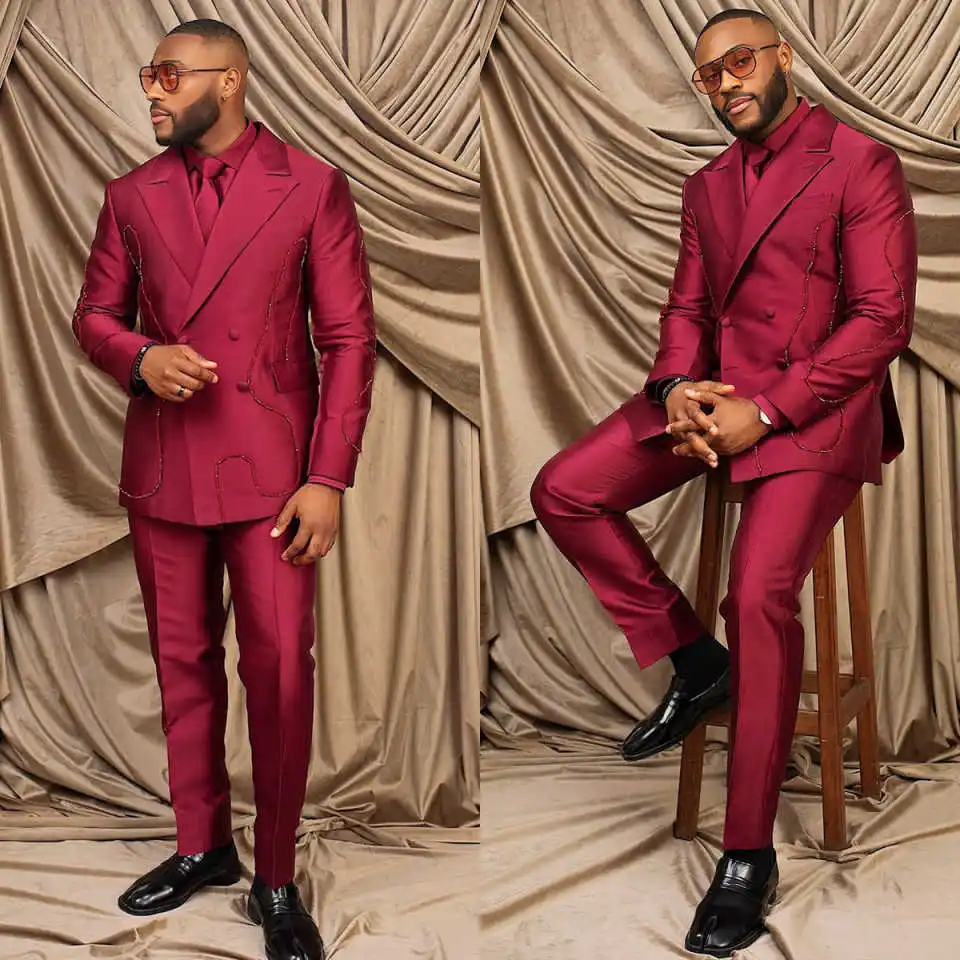 

Handsome Men Wedding Tuxedos Double Breasted Peaked Lapel Pant Sets Beaded Classic Fit Customized 2 Pieces Wear