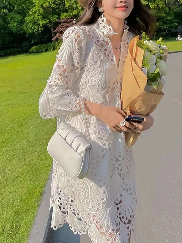 Summer Dress for Women French Style Hollow Lace 3D Embroidery Elegant Women Dress O-neck Loose Vacation Mini