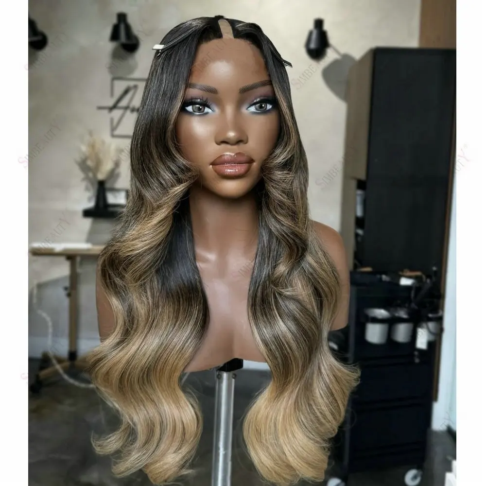 Peruanisches Echthaar 1x4 Größe U-Teil-Perücken für Schwarze Frauen Ombre Hell Honigblond Klebefreie V-Teil-Perücken Natürliches Wellenhaar – Detail 1