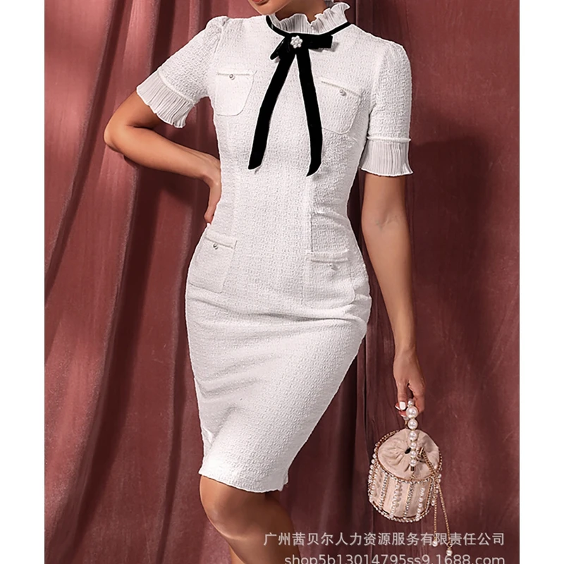 Women's Fashion Dress Summer Slim High Waist Stand Collar Dress Women's Short Sleeve Beaded Stitching Bow Dress