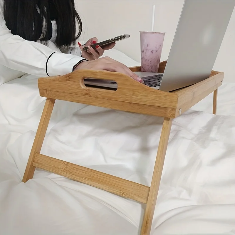 

1Bamboo Bedside Tray Table - Foldable，Save Space，Multifunctional Laptop Desk