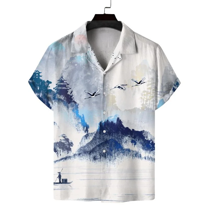 Chinese Landscape Painting Shirt 3d Printed The Great Wall Lake Lapel Short Sleeves Button Down Shirts Summer Blouse Clothes