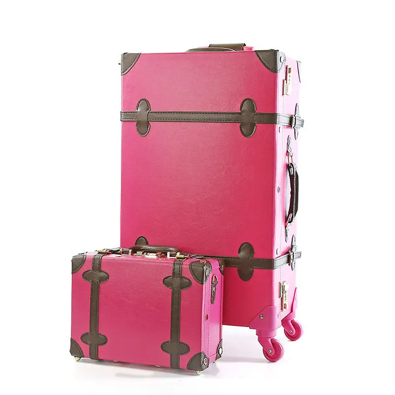 Valise en cuir PU rétro pour femme, valise de voyage, valise à roulettes, bagage à main, rose, cabine pour filles, ensemble de 2 pièces, 20 po, 22/24 po