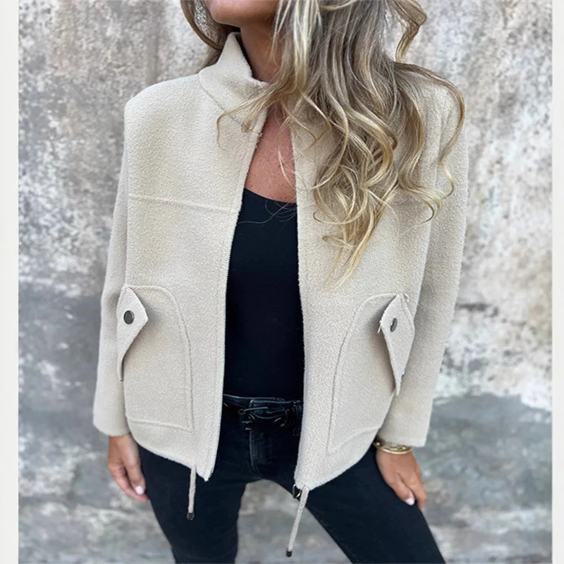 

Spring Autumn Women Casaco Stand Collar Jackets Solid Color Short Coat Women New Pocket Blazer Casual Jacket Abbigliamento Donna