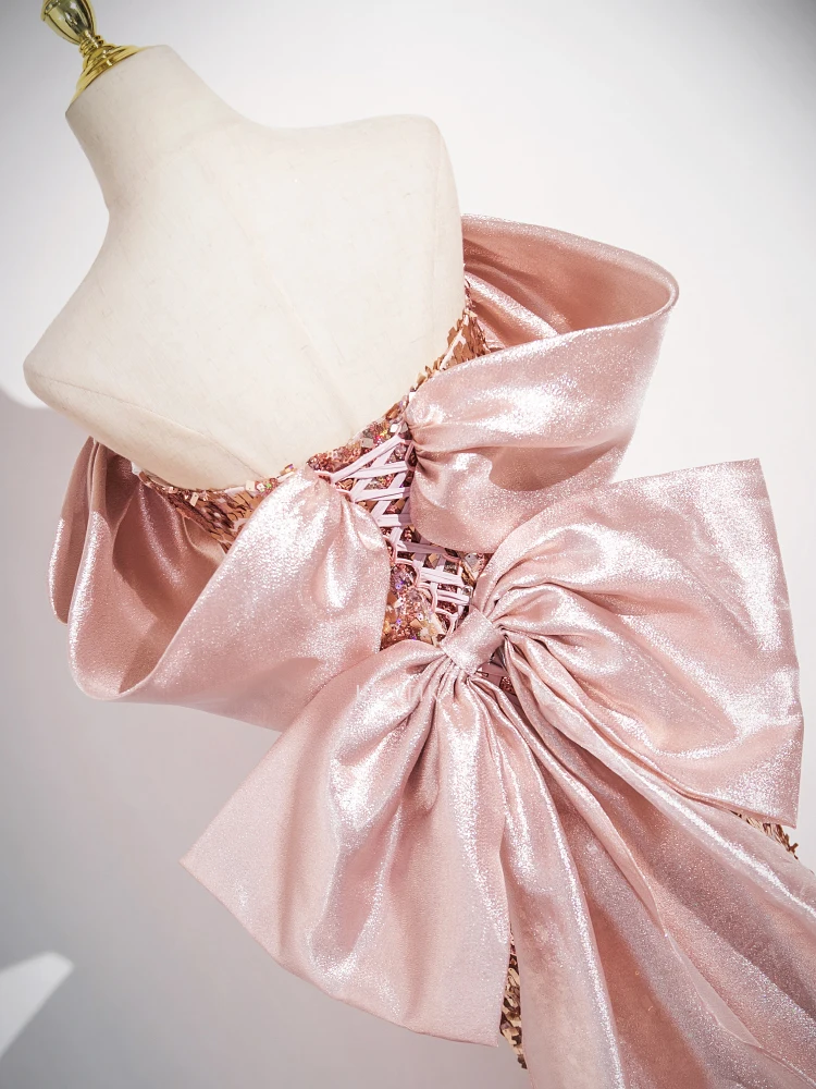 Pink Shiny Prom Gowns Off the Shoulder Big Bow Cape With Long Train Evening Party Dresses Customized Strapless Wedding Dresses