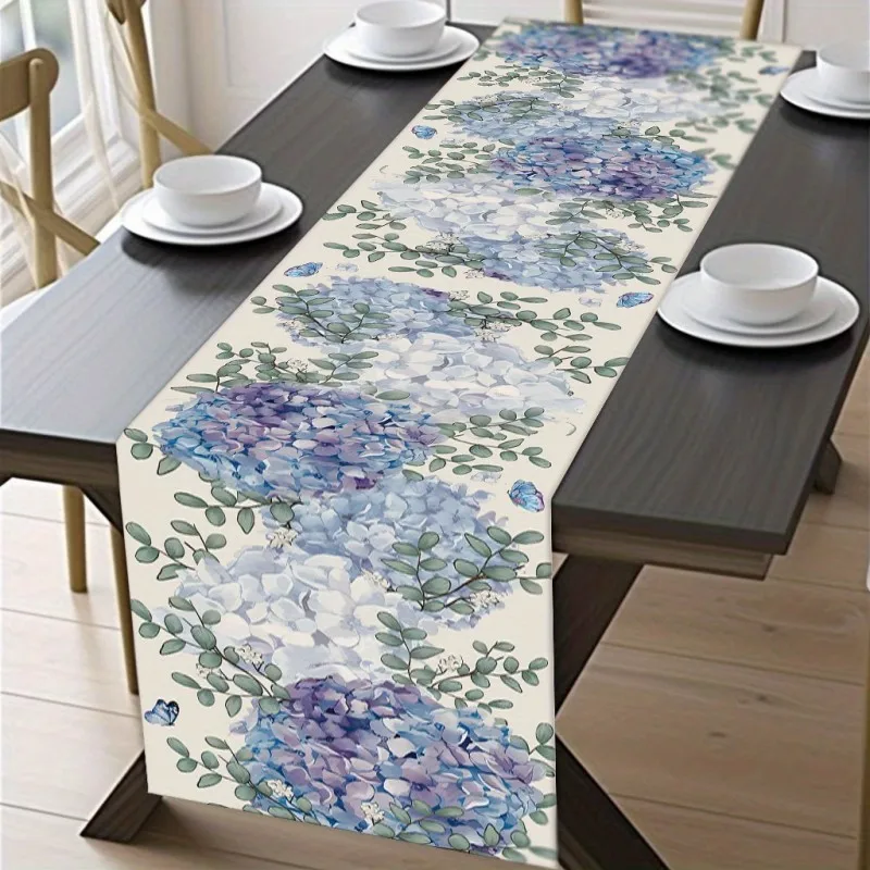 VIKAMA Blue Hydrangea Floral Table Runner, Spring Rectangular Dining Table Cover for Wedding Party Farmhouse Home Decor