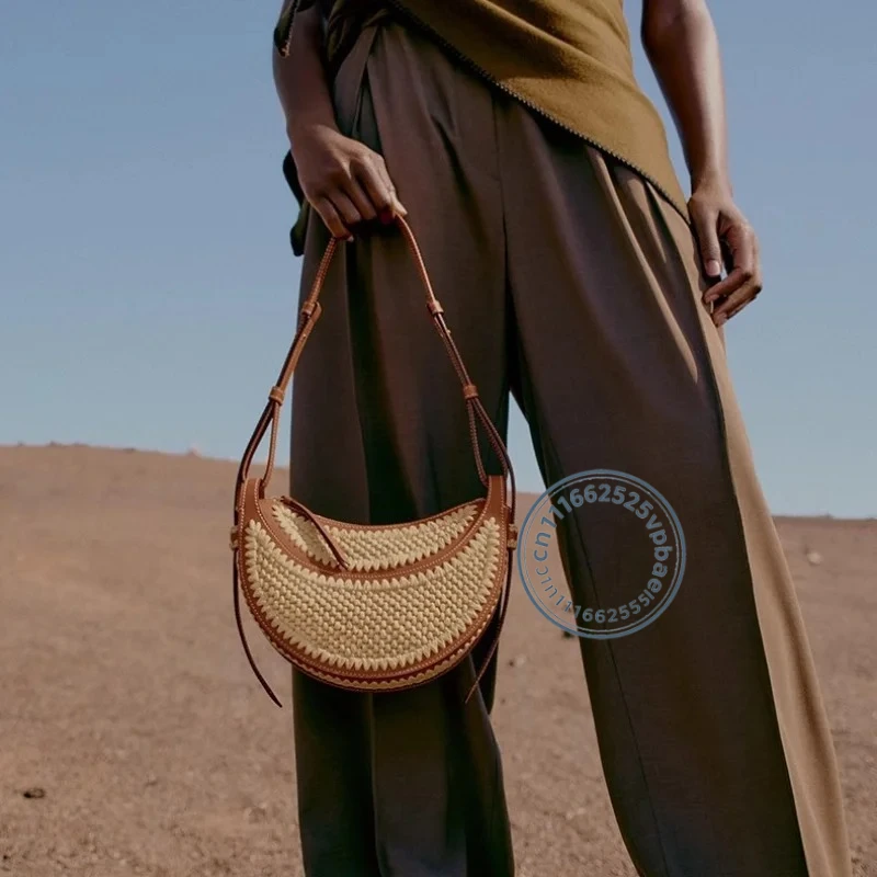 Hollow-out Raffia and Pu Leather Beach Bag Summer Casual Beach Bucket Bag Large Capacity Straw Beach Tote Handbags