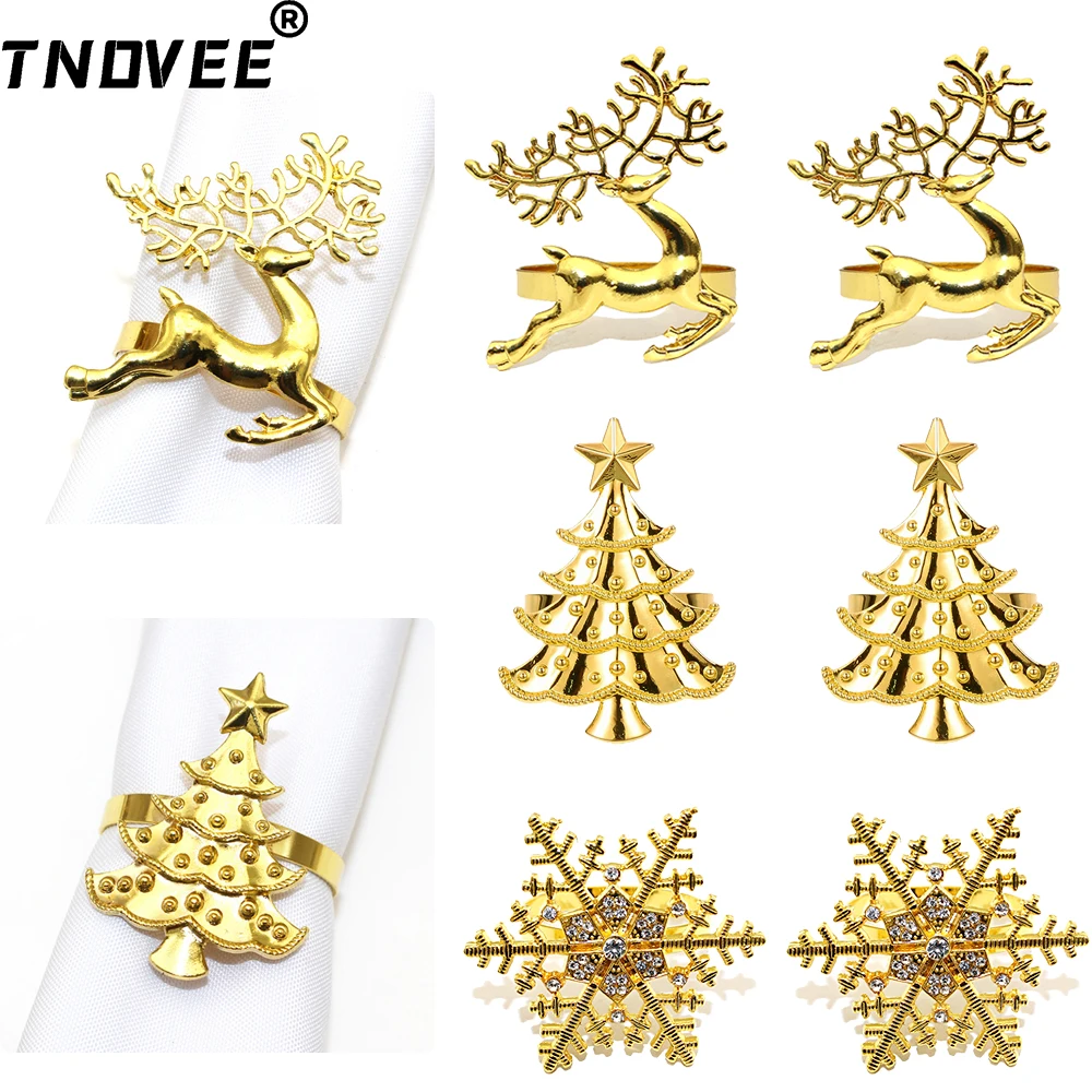 6Pcs Gold Christmas Napkin Rings Set Xmas Tree Crystal Snowflake Elk Napkin Holder for Christmas Wedding Party Dinner Table Deco