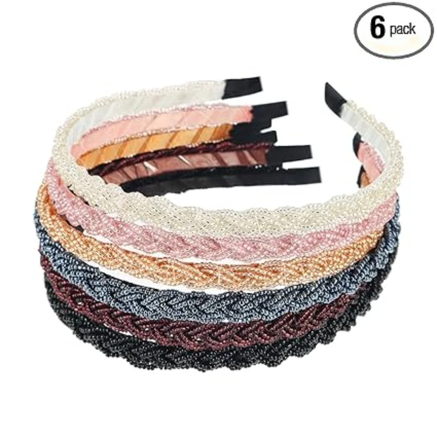 

6 Pieces Beaded Headbands for Women Sparkly Crystal Beaded Hair Hoop Hairbands Multiple Color Hair Accessories Head Bands Christmas Gift(Classic Colors)