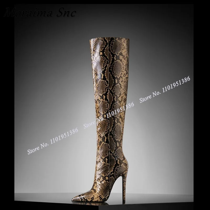 

Moraima Snc Brown Snakeskin Print Boots Slip on Knee High Pointed Toe Stiletto Shoes for Women High Heels Boot Zapatillas Mujer