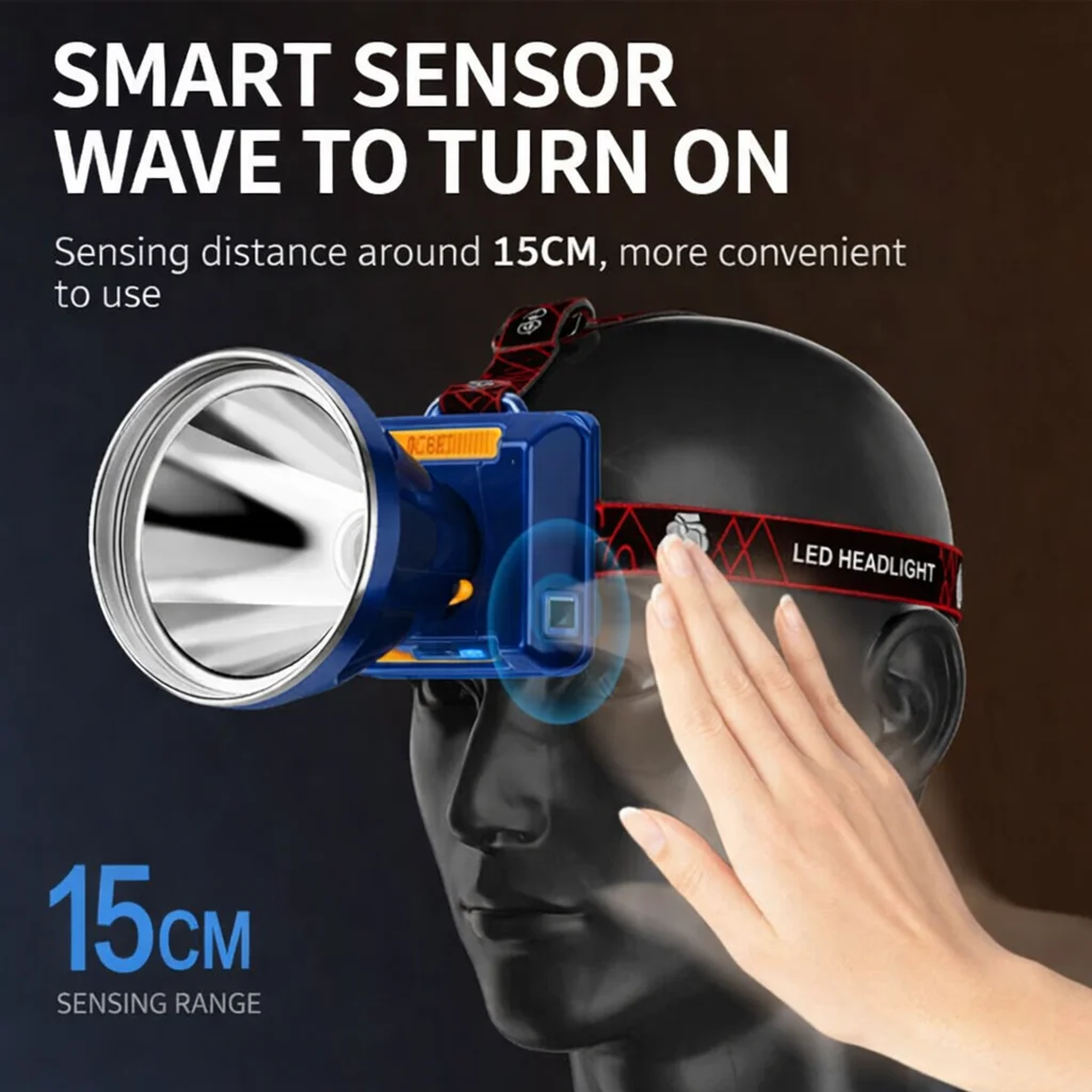 

Перезаряжаемый яркий светодиодный налобный фонарь, сверхдолгий срок службы батареи, датчик движения, водонепроницаемый, для активного отдыха, горнодобывающей промышленности и кемпинга