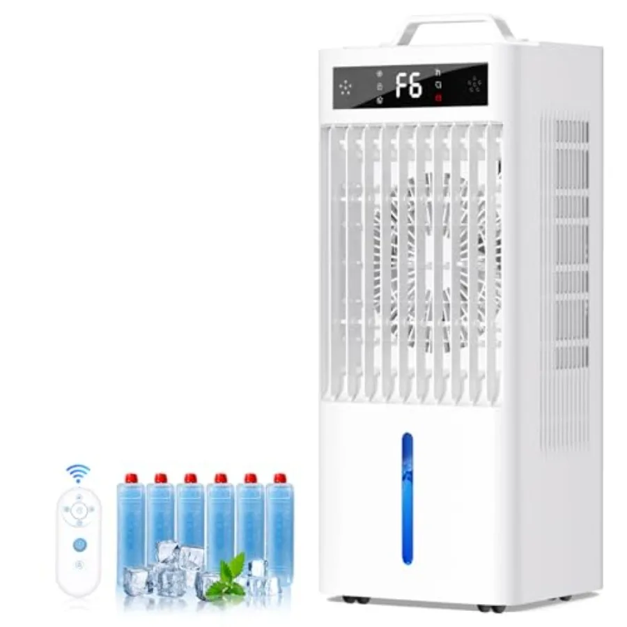 Portable air conditioner fan for home office use, plastic housing, white color, no-hose evaporative cooling with 2 modes and 6