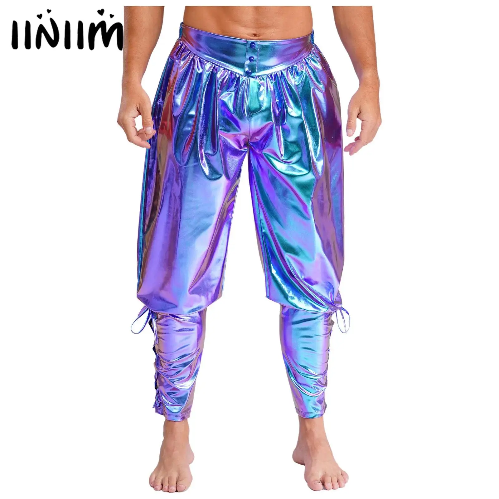 

Mens Shiny Metallic Ankle Banded Pants Medieval Renaissance Viking Pirate Lace Up Tapered Trousers Halloween Performance Costume