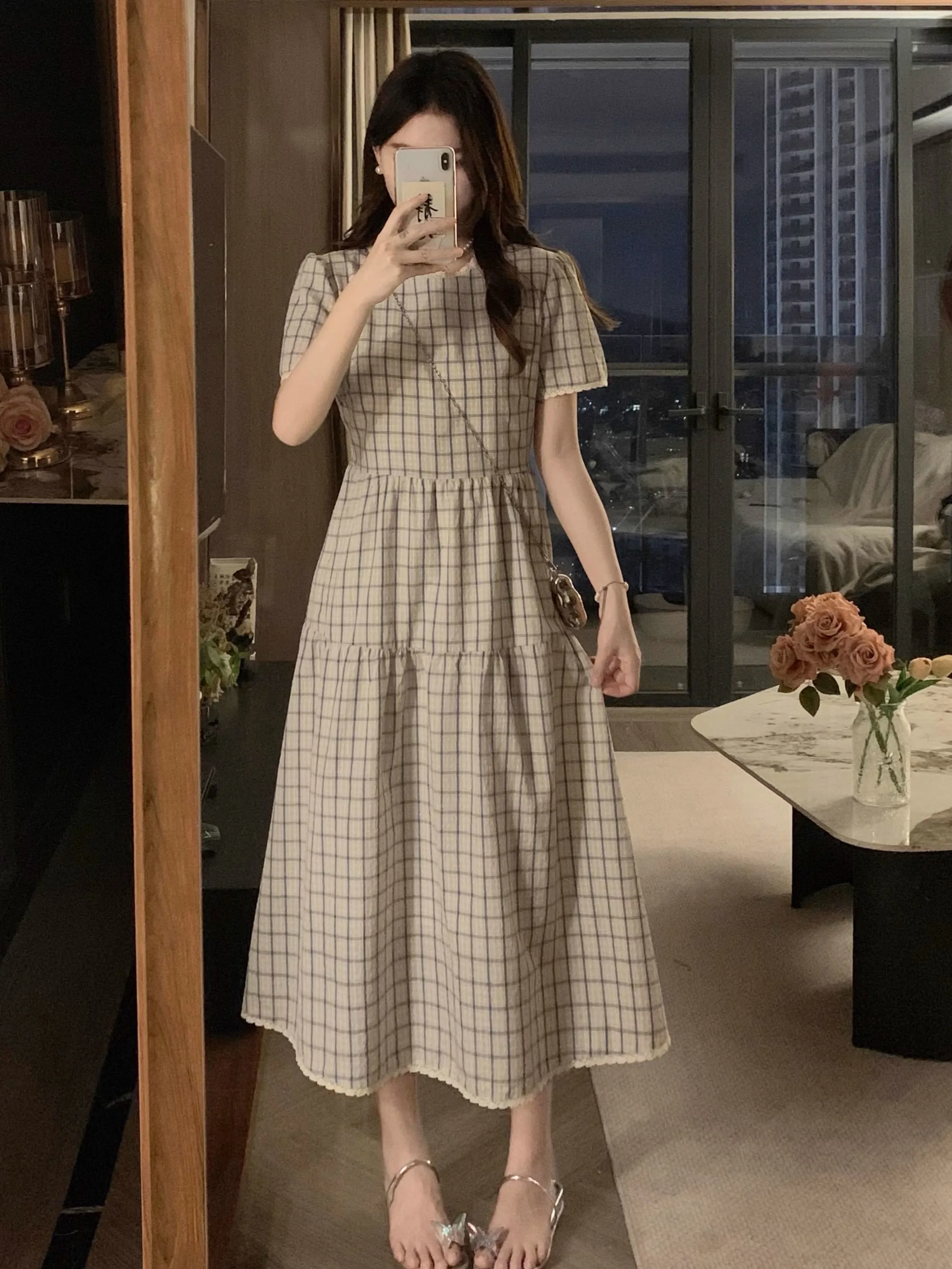 

plus Size Women's Summer New Plaid Long Dr Conceal Meat Slimming Genteel ort Sve High Waist A-Line Midi Dr